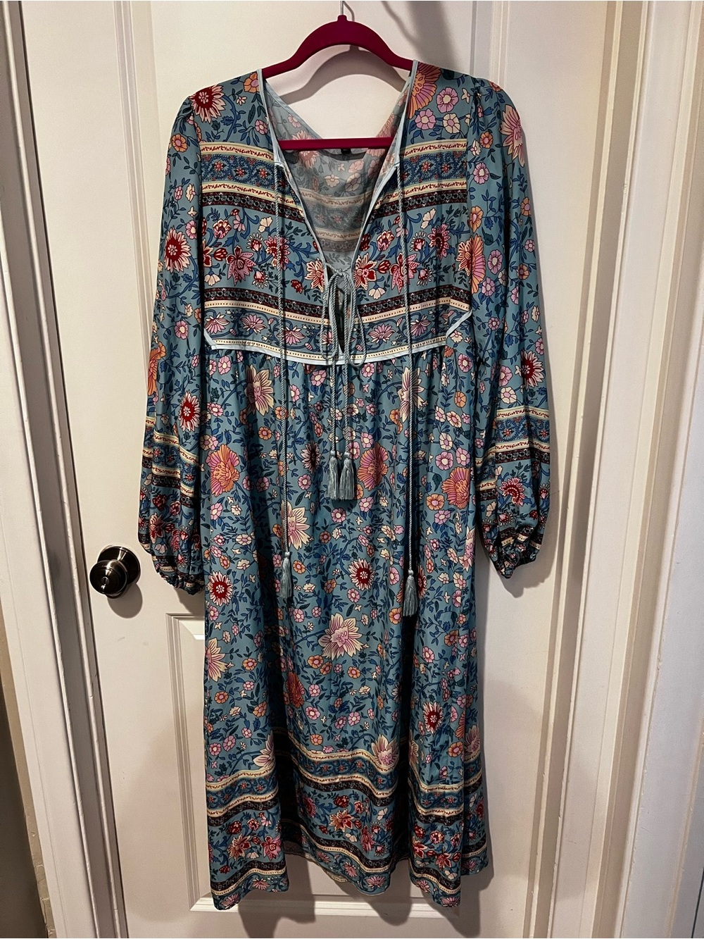 Boho Floral Blue Tassel-Tie Midi Dress CL